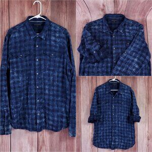 John Varvatos USA Mens XL Blue Plaid Check Double Pocket Cotton Roll Tab Shirt